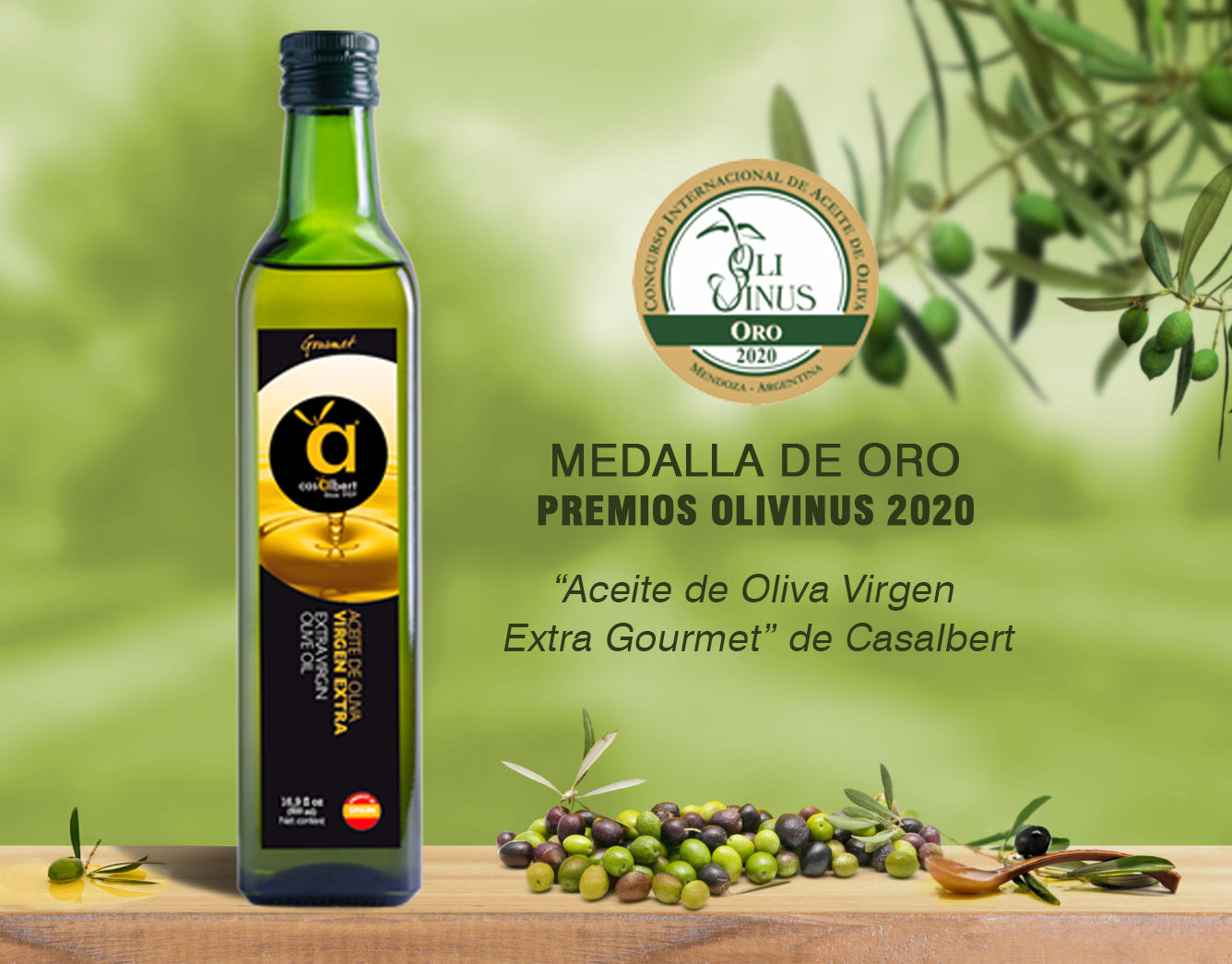 El “Aceite de Oliva Virgen Extra Gourmet” de Casalbert, galardonado en el Concurso Internacional OLIVINUS 2020