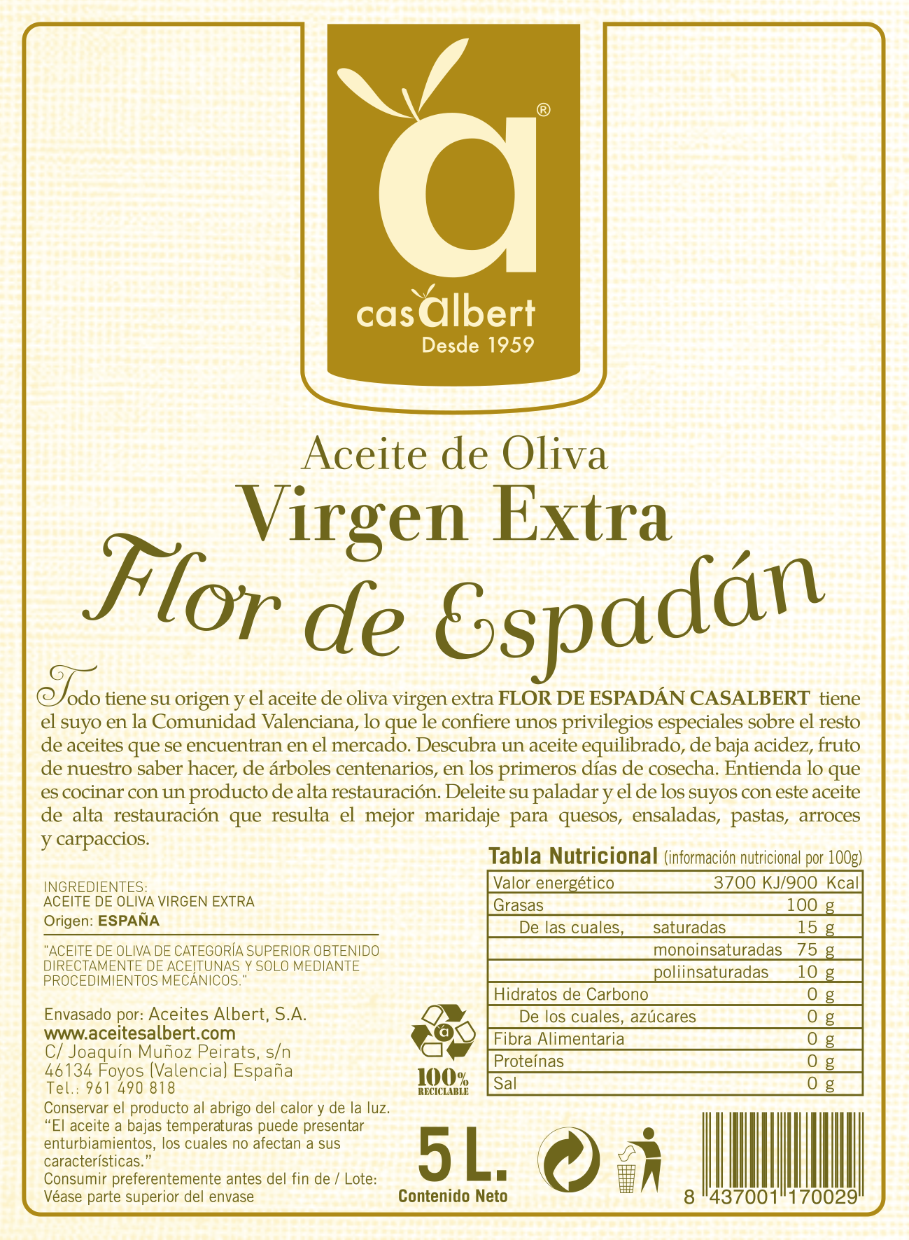 ACEITE DE OLIVA VIRGEN EXTRA FLOR DE ESPADÁN 5 LITROS