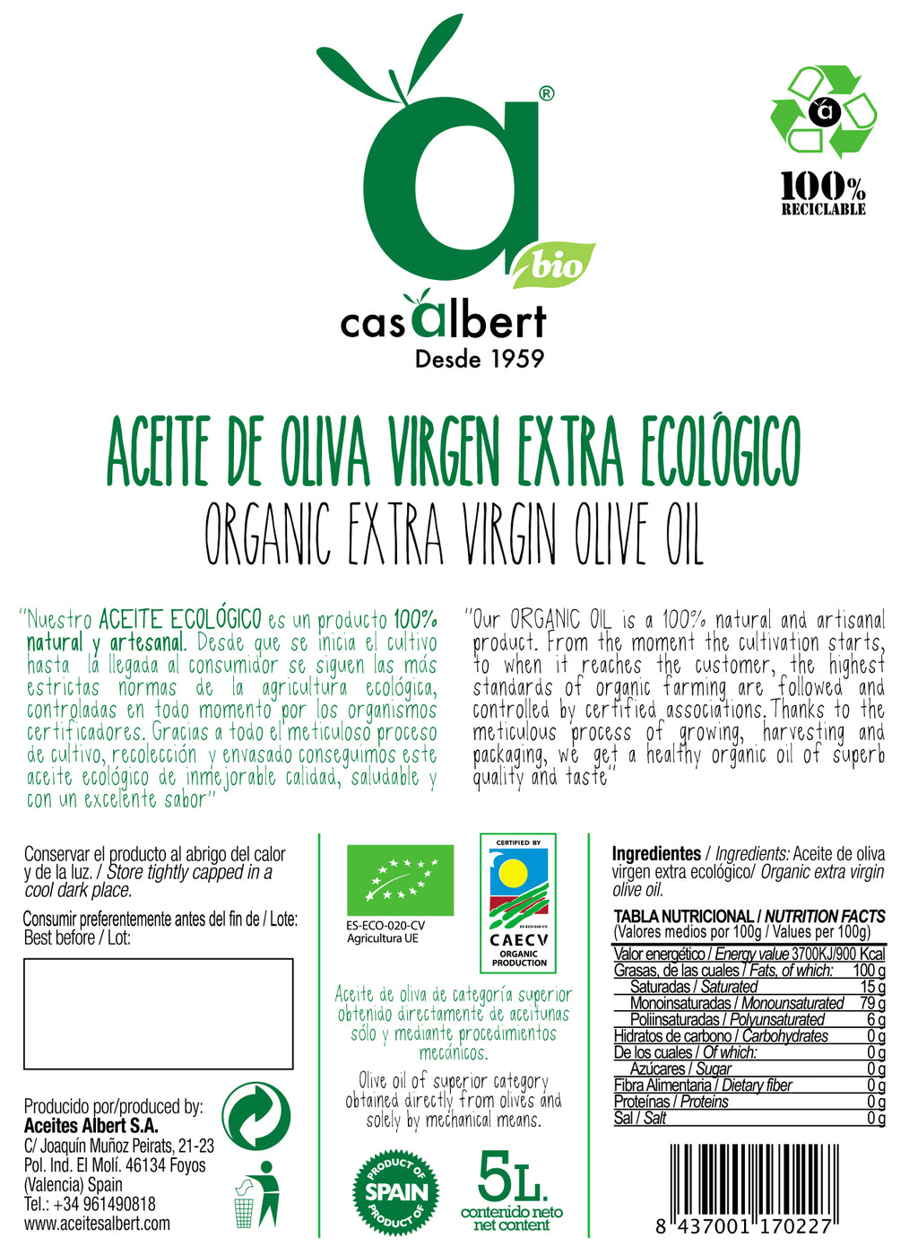 ACEITE DE OLIVA VIRGEN EXTRA ECOLÓGICO 5 LITROS