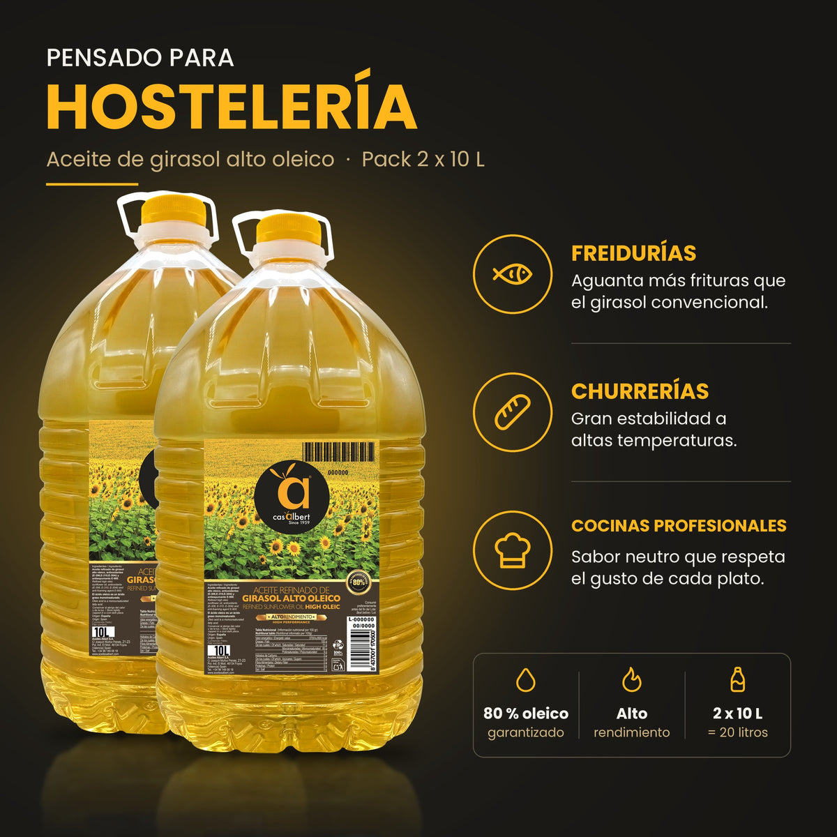 Aceite de girasol alto oleico Casalbert para hostelería: freidurías, churrerías y cocinas profesionales