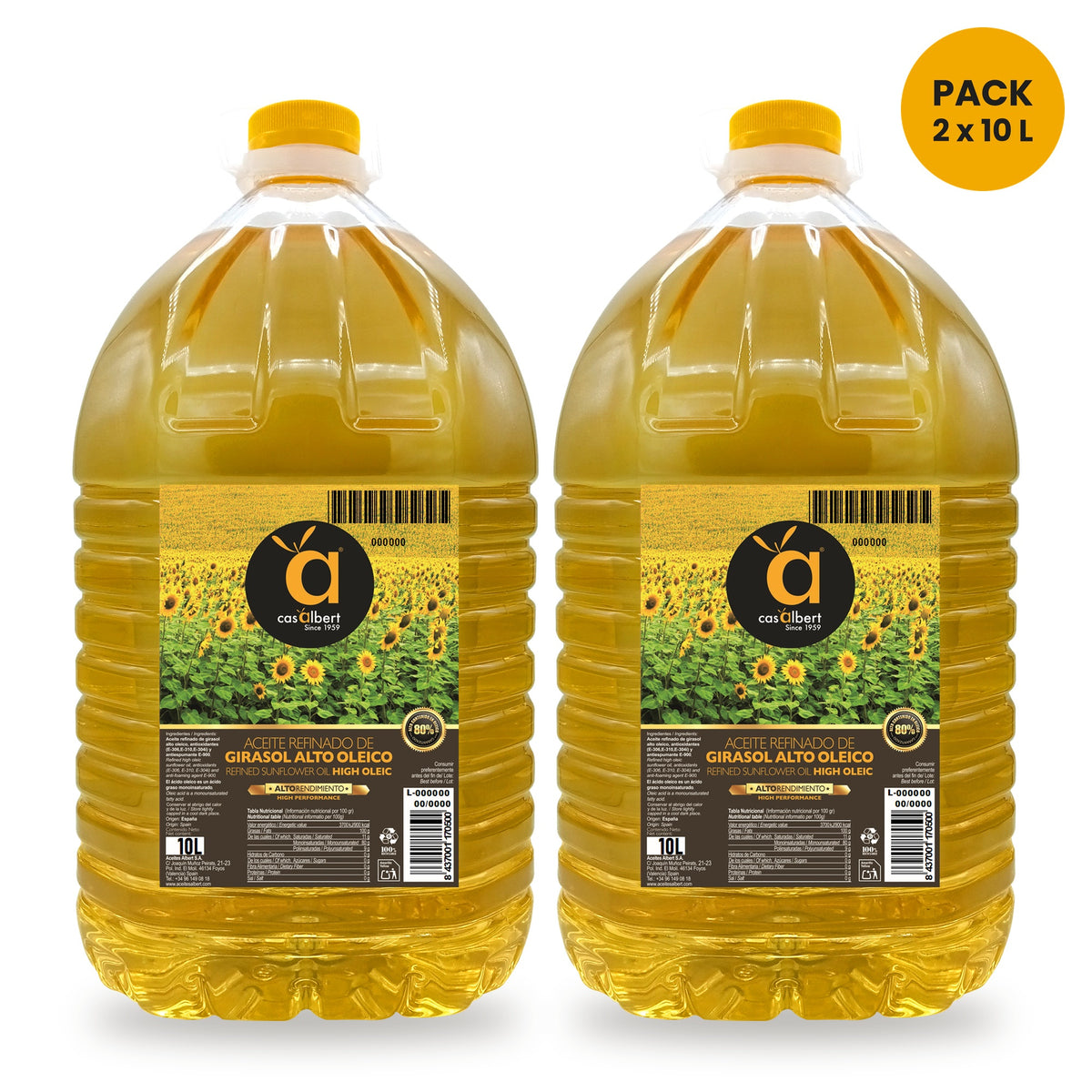 Pack de 2 garrafas de 10 L de aceite de girasol alto oleico Casalbert
