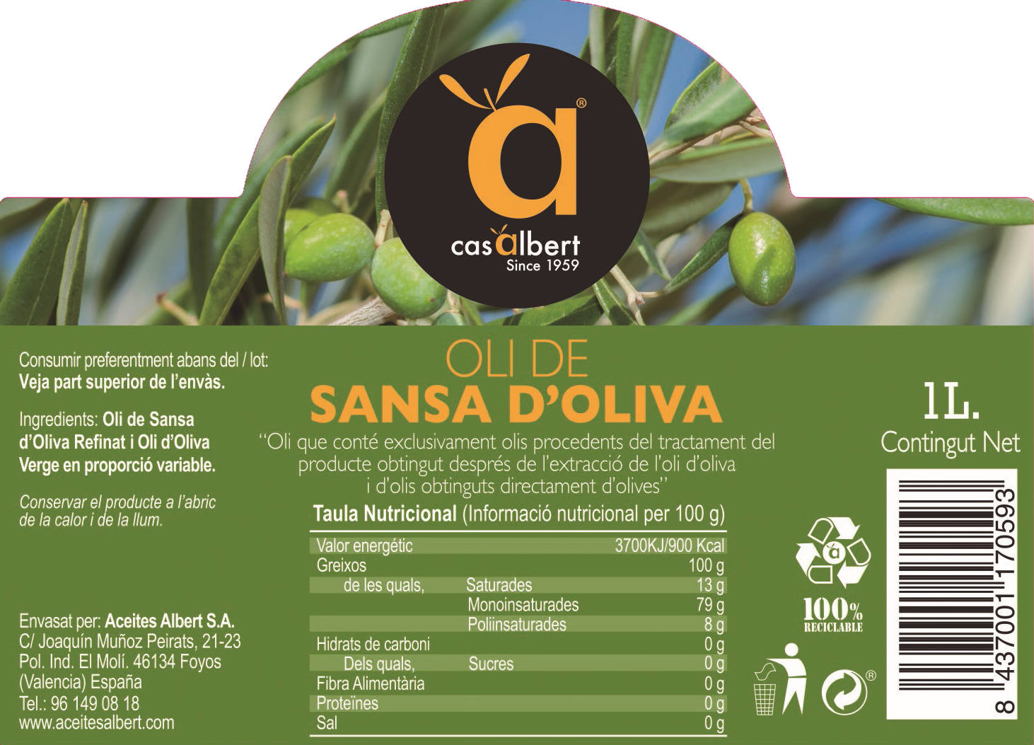 ETIQUETA Casalbert Sansa Oliva 1L BA1